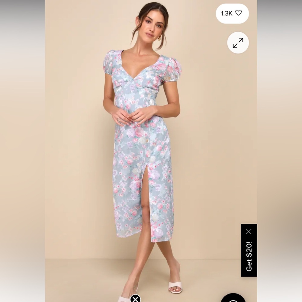 Floral Puff-Sleeve Midi Dress in Light Blue
